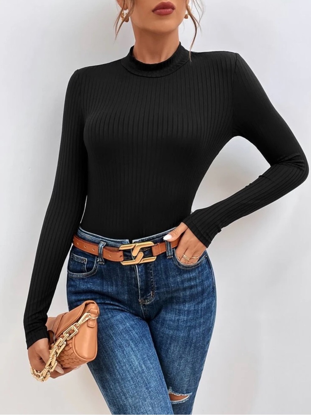 Ribbed Long-Sleeve Crewneck Top - Black